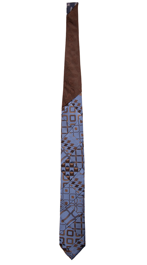 Cravatta Mosaico Patchwork di Seta Blu Avio Fantasia Marrone Made in Italy Graffeo Cravatte intera