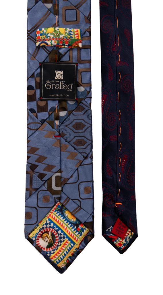 Cravatta Mosaico Patchwork di Seta Blu Avio Fantasia Marrone Made in Italy Graffeo Cravatte Pala