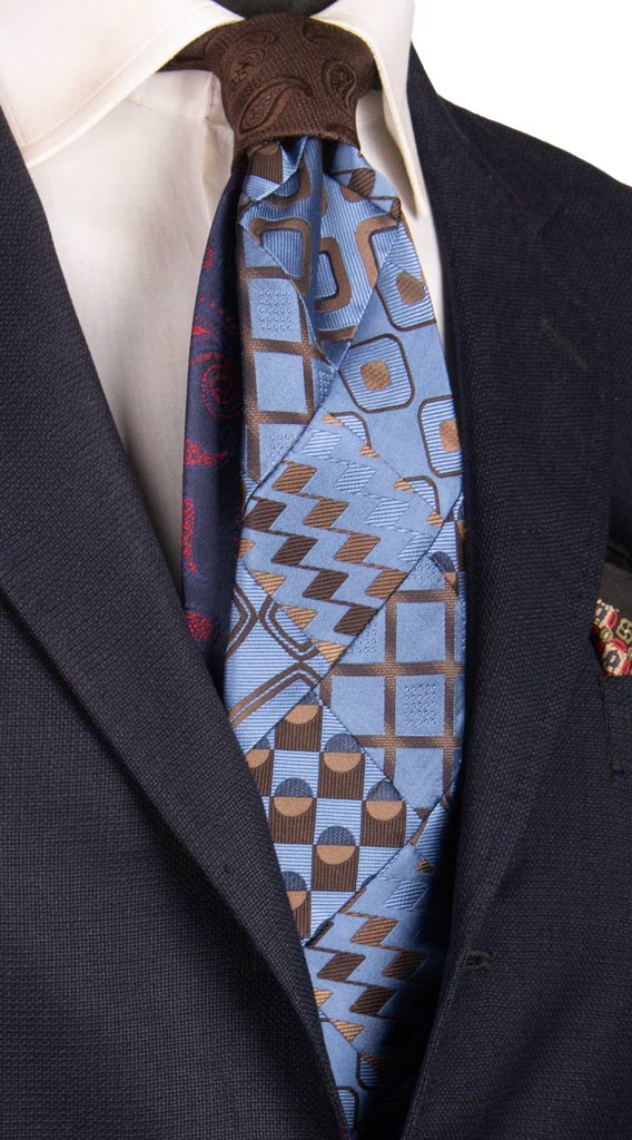 Cravatta Mosaico Patchwork di Seta Blu Avio Fantasia Marrone Made in italy Graffeo Cravatte