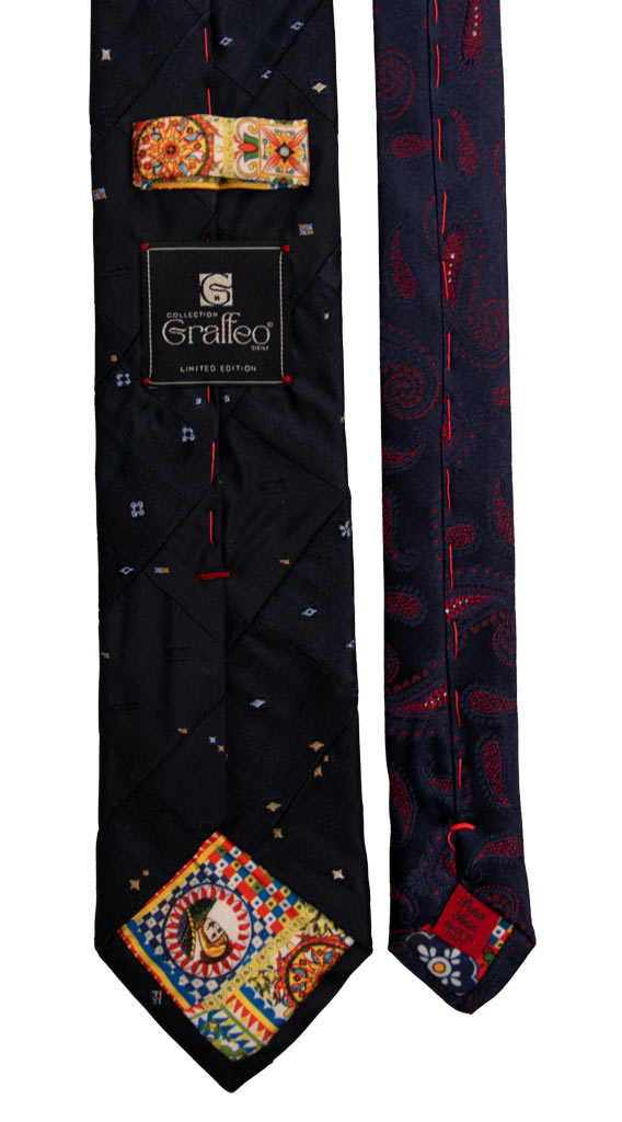 Cravatta Mosaico Patchwork di Seta Blu Fantasia Celeste Beige PM749 Graffeo Cravatte Made in Italy Pala