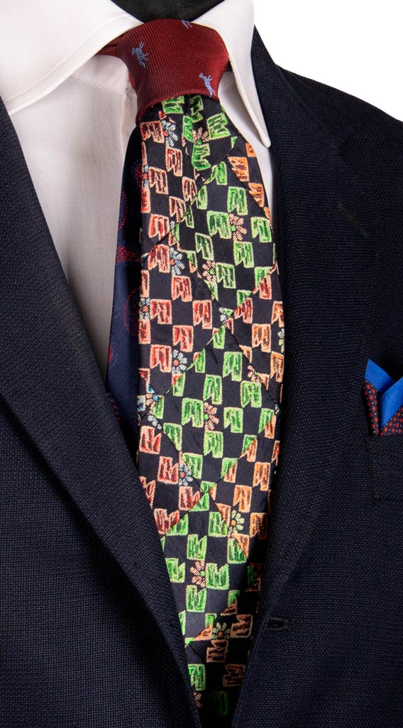 Cravatta Mosaico Patchwork di Seta Blu Fantasia Multicolor Made in italy Graffeo Cravatte