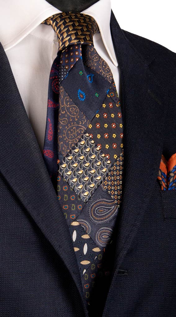 Cravatta Mosaico Patchwork di Seta Blu Fantasia Multicolor Made in Italy Graffeo Cravatte