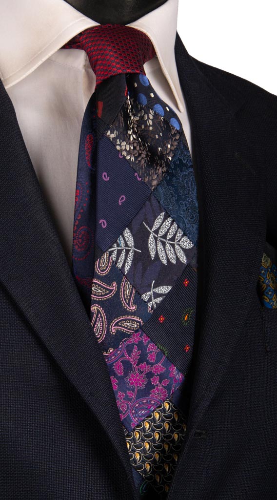 Cravatta Mosaico Patchwork di Seta Blu Fantasia Multicolor PM793 Cravatte Made in Italy