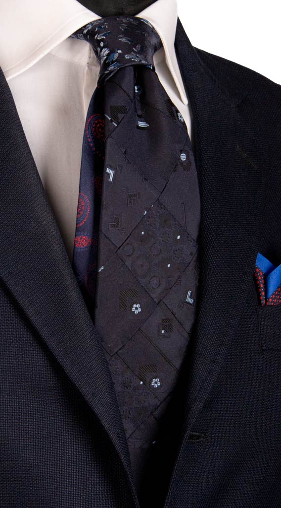 Cravatta Mosaico Patchwork di Seta Blu Fantasia Celeste Made in Italy Graffeo Cravatte
