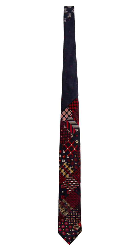 Cravatta Mosaico Patchwork di Seta Blu Rosso Fantasia PM801 Graffeo Cravatte Made in Italy Intera