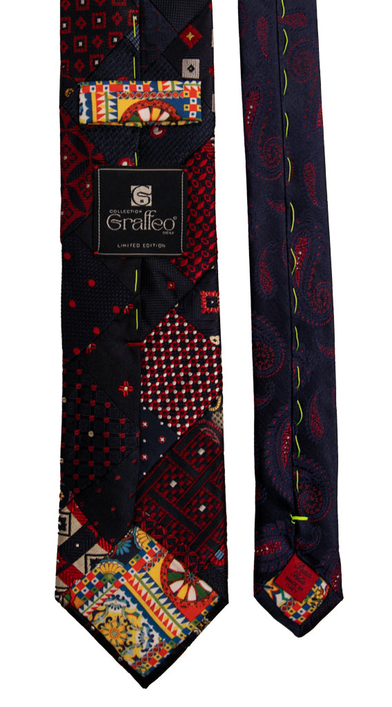 Cravatta Mosaico Patchwork di Seta Blu Rosso Fantasia PM801 Graffeo Cravatte Made in Italy Pala