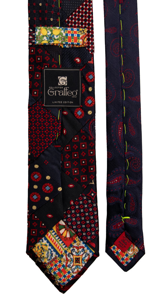 Cravatta Mosaico Patchwork di Seta Blu Rosso Fantasia PM802 Graffeo Cravatte Made in Italy Pala