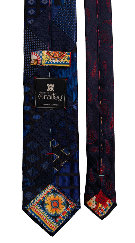 Cravatta Mosaico Patchwork di Seta Bluette Blu Fantasia Multicolor PM731 Graffeo Cravatte Made in Italy Pala
