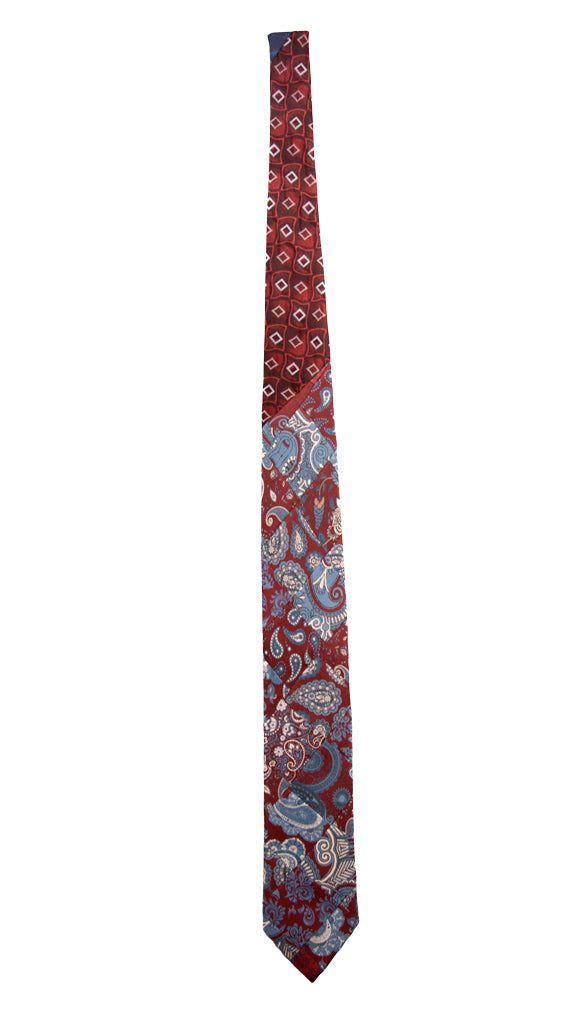 Cravatta Mosaico Patchwork di Seta Bordeaux Fantasia Blu Avio Bianca Made in italy Graffeo Cravatte Intera