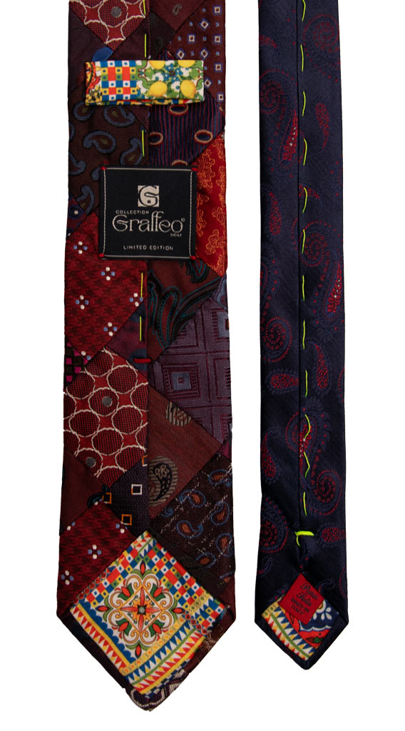 Cravatta Mosaico Patchwork di Seta Bordeaux Fantasia Multicolor PM777 Graffeo Cravatte Made in Italy Pala