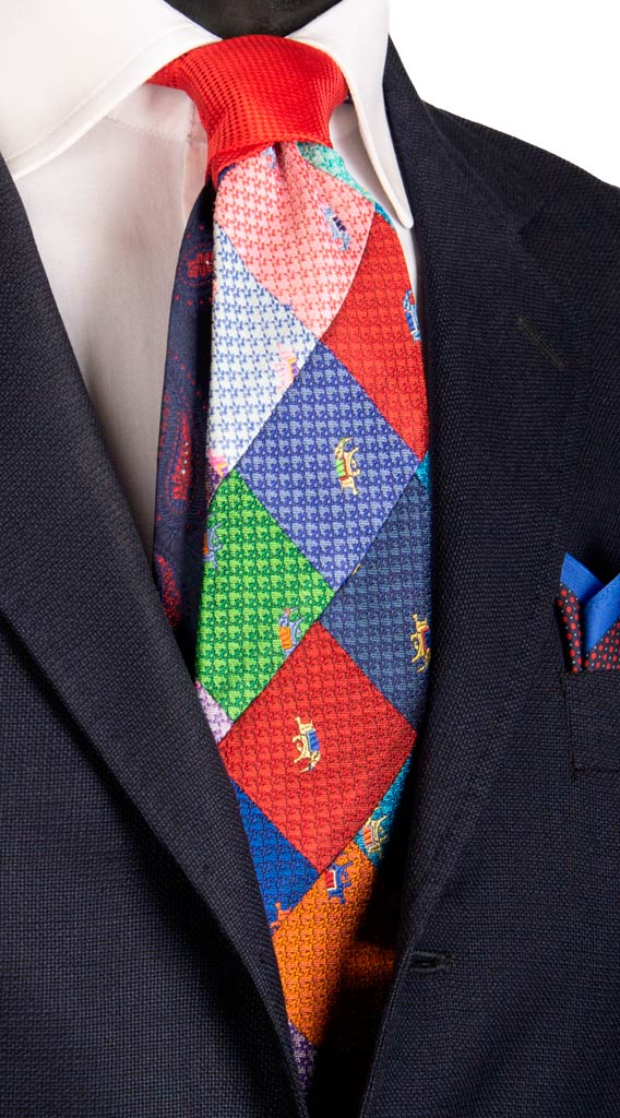 Cravatta Mosaico Patchwork di Seta Fantasia Multicolor con Animali Made in Italy Graffeo Cravatte