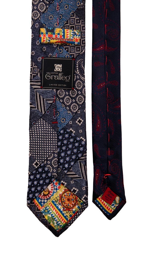 Cravatta Mosaico Patchwork di Seta Jaspè Avion Fantasia Grigia Celeste Made in italy Graffeo Cravatte Pala