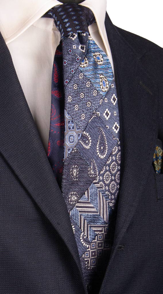 Cravatta Mosaico Patchwork di Seta Jaspè Avion Fantasia Grigia Celeste Made in italy Graffeo Cravatte