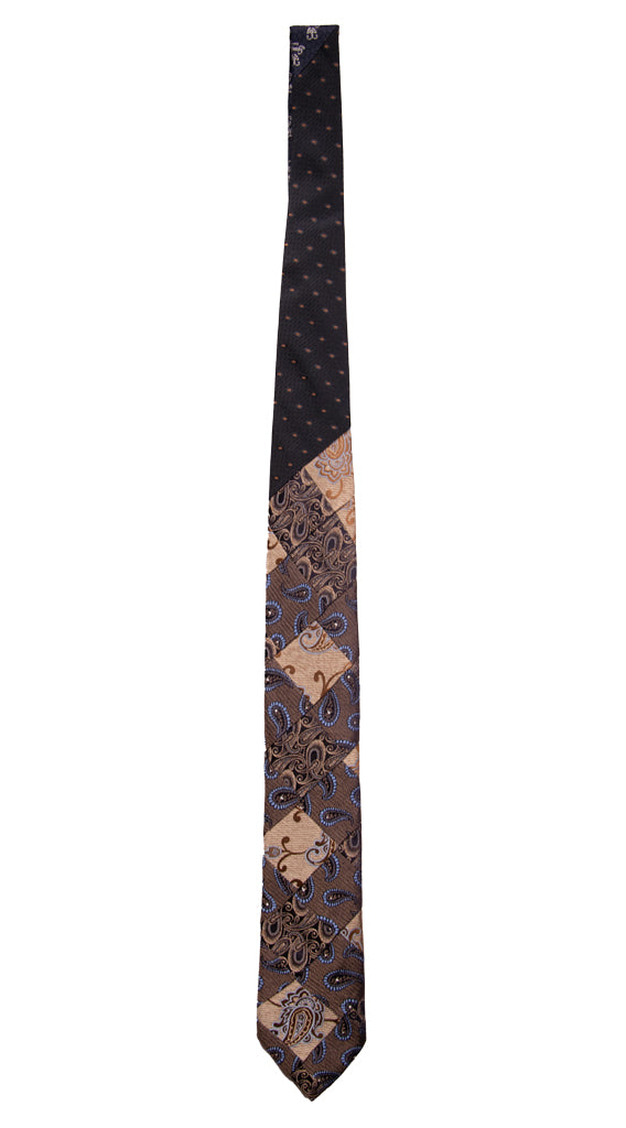 Cravatta Mosaico Patchwork di Seta Jaspè Marrone Paisley Celeste Made in italy Graffeo Cravatte Intera
