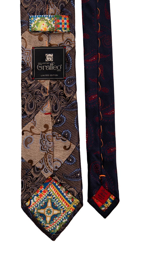 Cravatta Mosaico Patchwork di Seta Jaspè Marrone Paisley Celeste Made in italy Graffeo Cravatte Pala