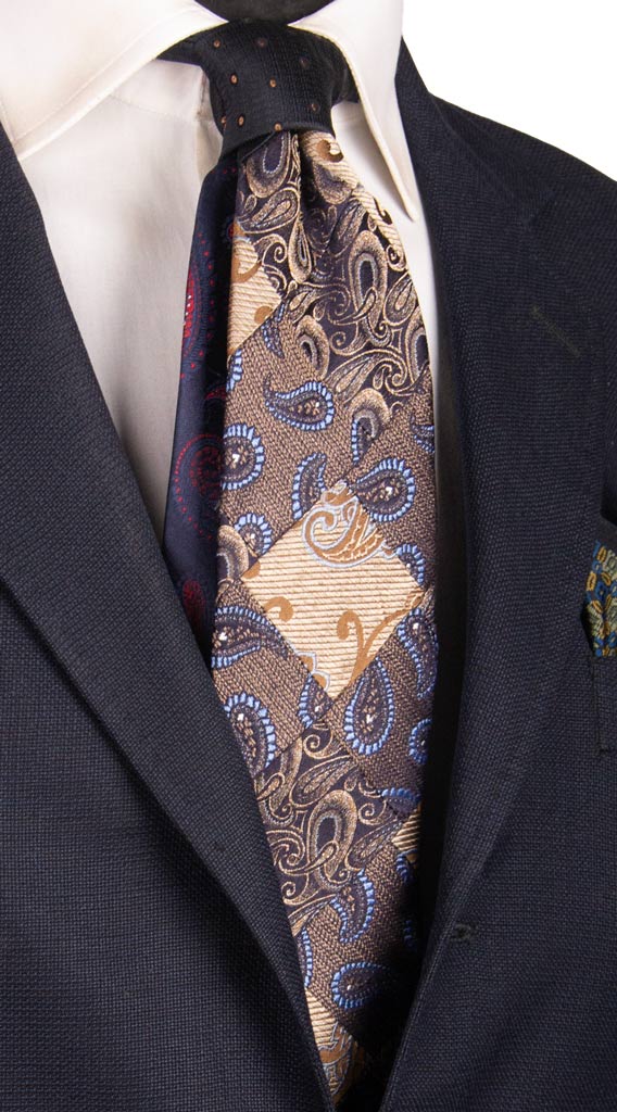 Cravatta Mosaico Patchwork di Seta Jaspè Marrone Paisley Celeste Made in italy Graffeo Cravatte
