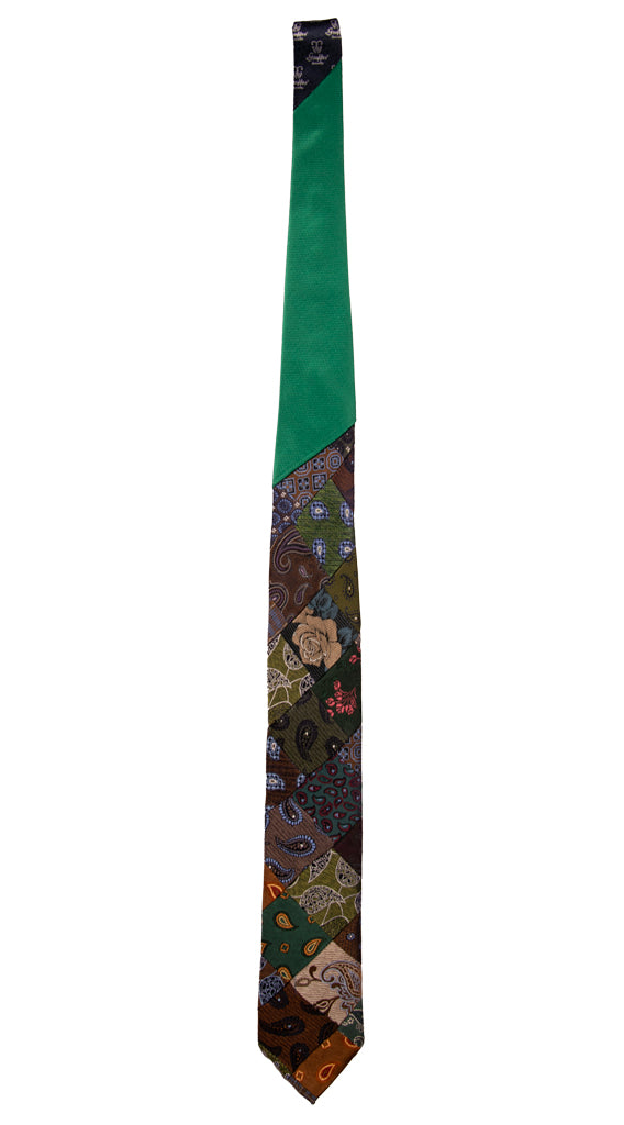 Cravatta Mosaico Patchwork di Seta Jaspè Marrone Verde Paisley Multicolor Made in Italy Graffeo Cravatte Intera