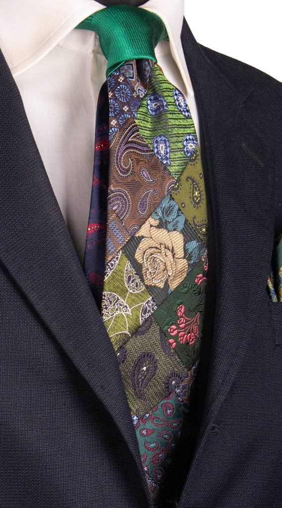 Cravatta Mosaico Patchwork di Seta Jaspè Marrone Verde Paisley Multicolor Made in Italy Graffeo Cravatte