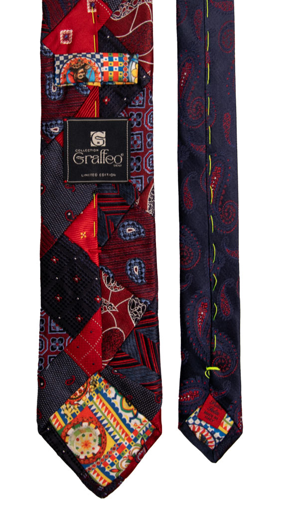 Cravatta Mosaico Patchwork di Seta Jaspè Rossa Blu Fantasia PM778 Graffeo Cravatte Made in Italy Pala