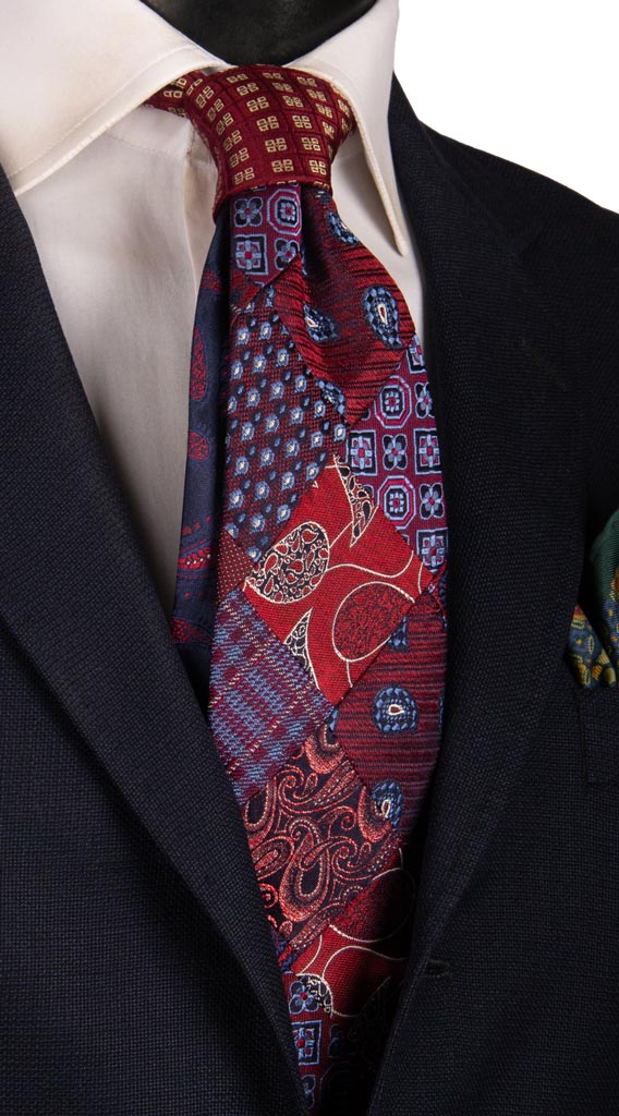 Cravatta Mosaico Patchwork di Seta Jaspè Rossa Fantasia Multicolor PM755 Graffeo Cravatte Made in Italy