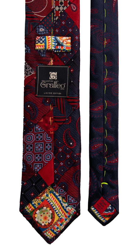 Cravatta Mosaico Patchwork di Seta Jaspè Rosso Blu Fantasia PM804 Graffeo Cravatte Made in Italy Pala