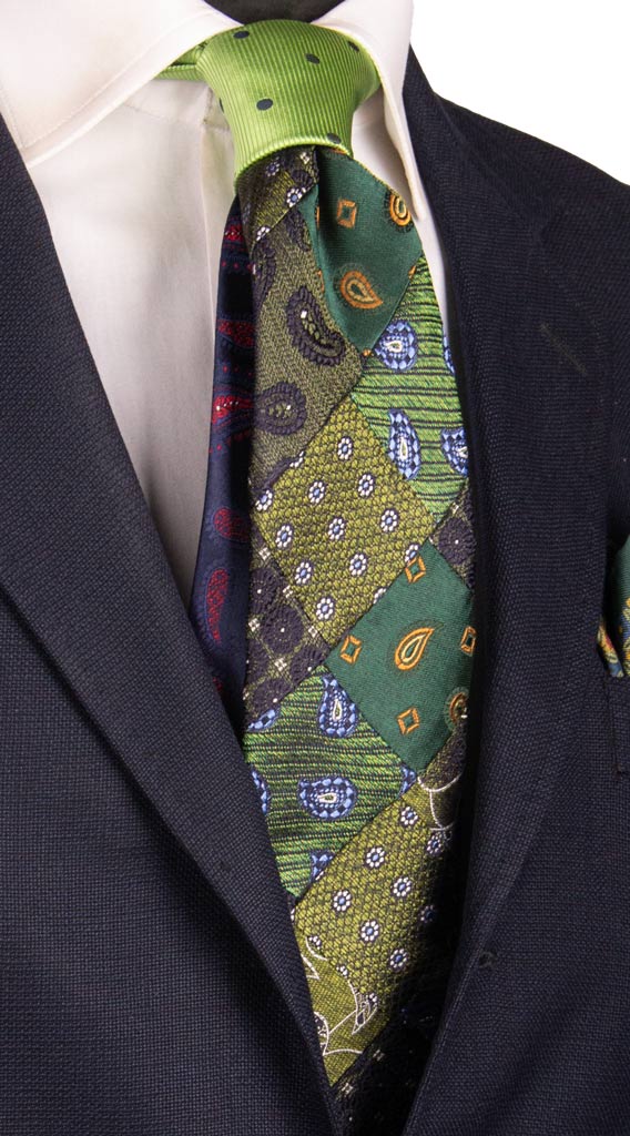 Cravatta Mosaico Patchwork di Seta Jaspè Verde Fantasia Multicolor Made in Italy Graffeo Cravatte