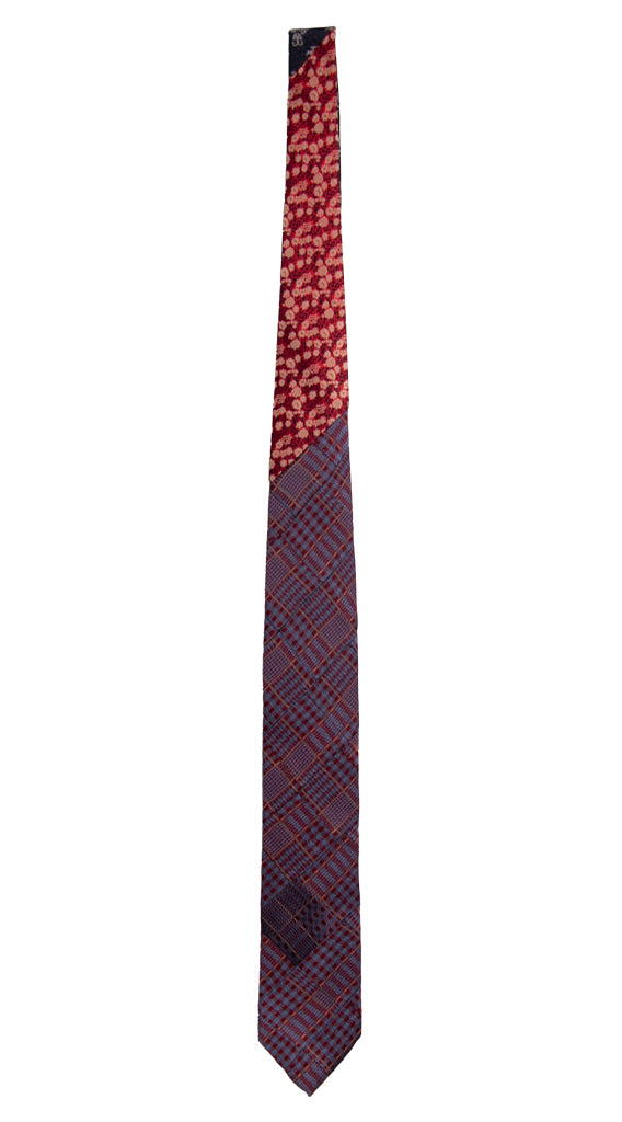 Cravatta Mosaico Patchwork di Seta Jaspè a Quadri Rossa Celeste PM775