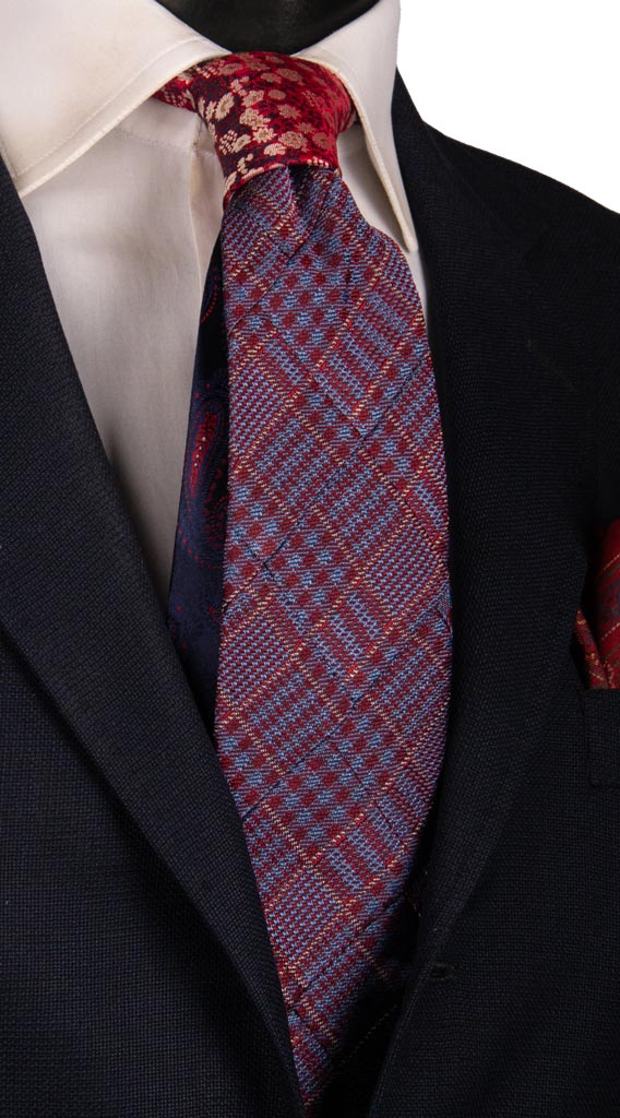 Cravatta Mosaico Patchwork di Seta Jaspè a Quadri Rossa Celeste PM775