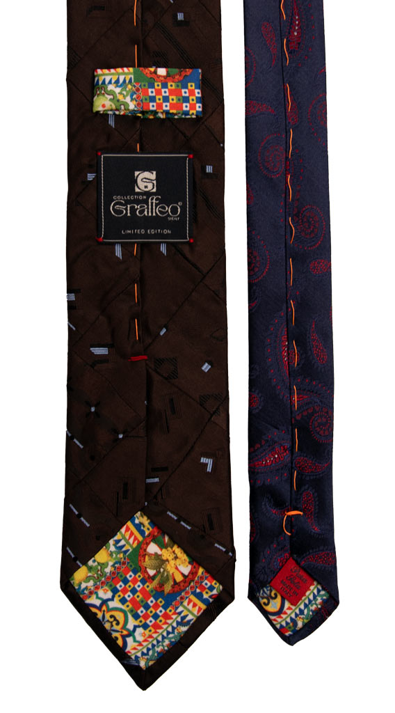 Cravatta Mosaico Patchwork di Seta Marrone Fantasia Celeste PM734 Graffeo Cravatte Made in Italy Pala