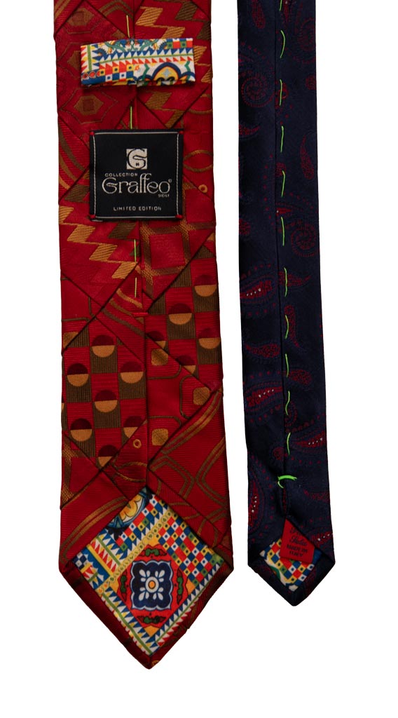 Cravatta Mosaico Patchwork di Seta Rosso Bordeaux Fantasia Verde Oliva Marrone Made in Italy Graffeo Cravatte Pala