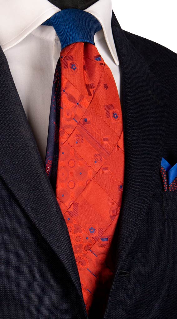 Cravatta Mosaico Patchwork di Seta Ruggine Fantasia Bluette Made in italy Graffeo Cravatte
