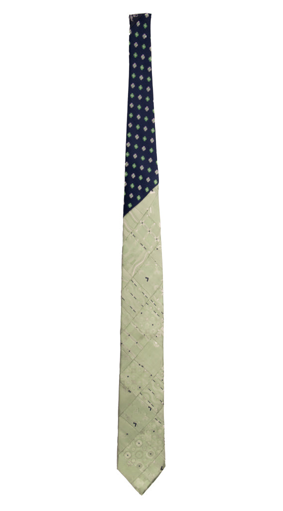 Cravatta Mosaico Patchwork di Seta Verde Fantasia Blu Grigio Argento PM758 Graffeo Cravatte Made in Italy Intera