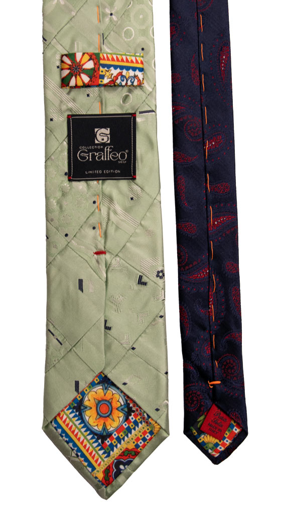 Cravatta Mosaico Patchwork di Seta Verde Fantasia Blu Grigio Argento PM758 Graffeo Cravatte Made in Italy Pala
