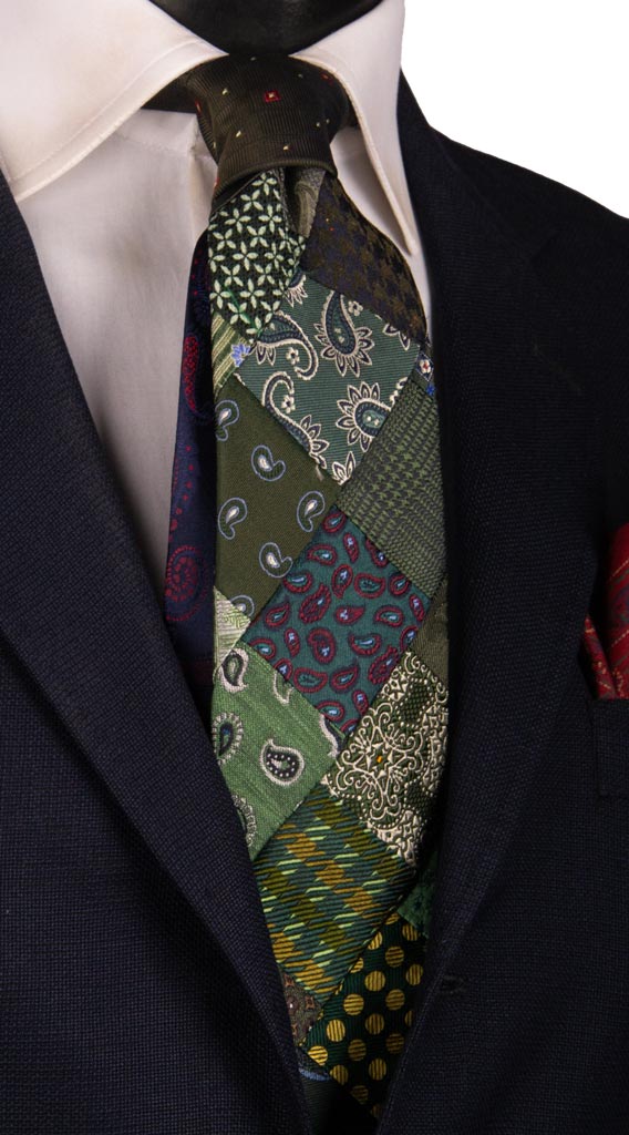 Cravatta Mosaico Patchwork di Seta Verde Fantasia Multicolor PM772 Graffeo Cravatte Made in Italy