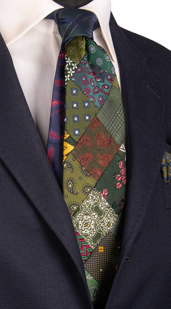 Cravatta Mosaico Patchwork di Seta Verde Fantasia Multicolor Made in italy Graffeo Cravatte