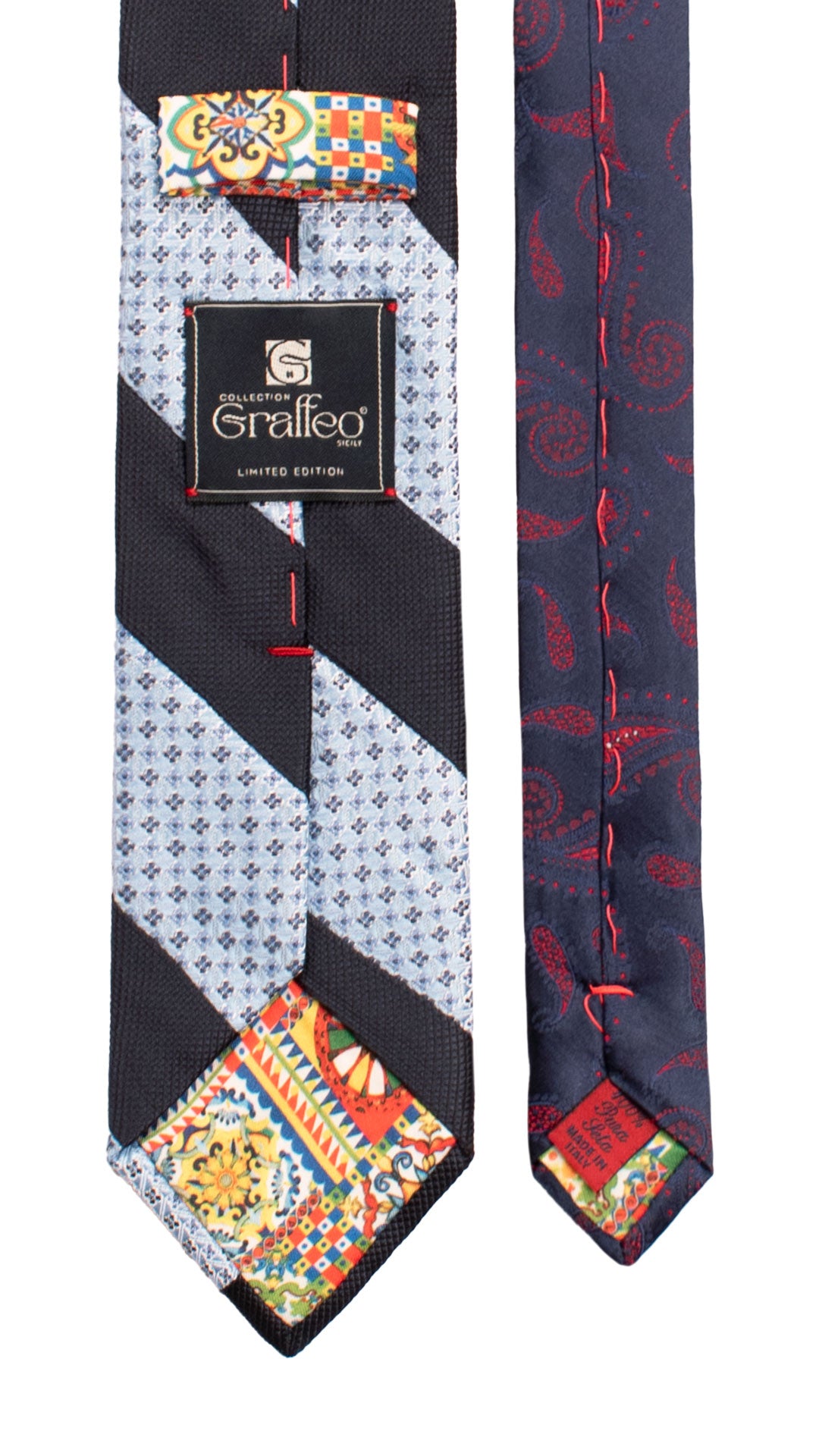 Cravatta Mosaico Vintage Patchwork Regimental di Seta Blu Fantasia Celeste Grigia PM1090 Graffeo Cravatte Made in Italy Pala