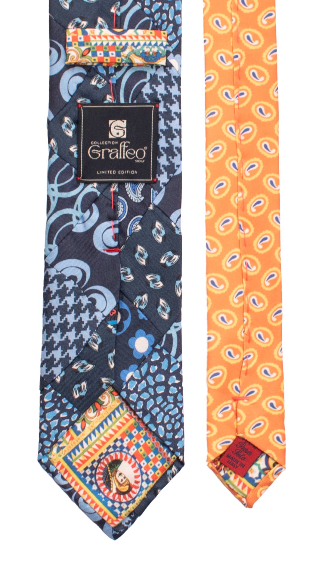 Cravatta Mosaico Vintage Patchwork Stampa di Seta Blu Fantasia Celeste Bianca PM1163 Graffeo Cravatte Made in Italy Pala