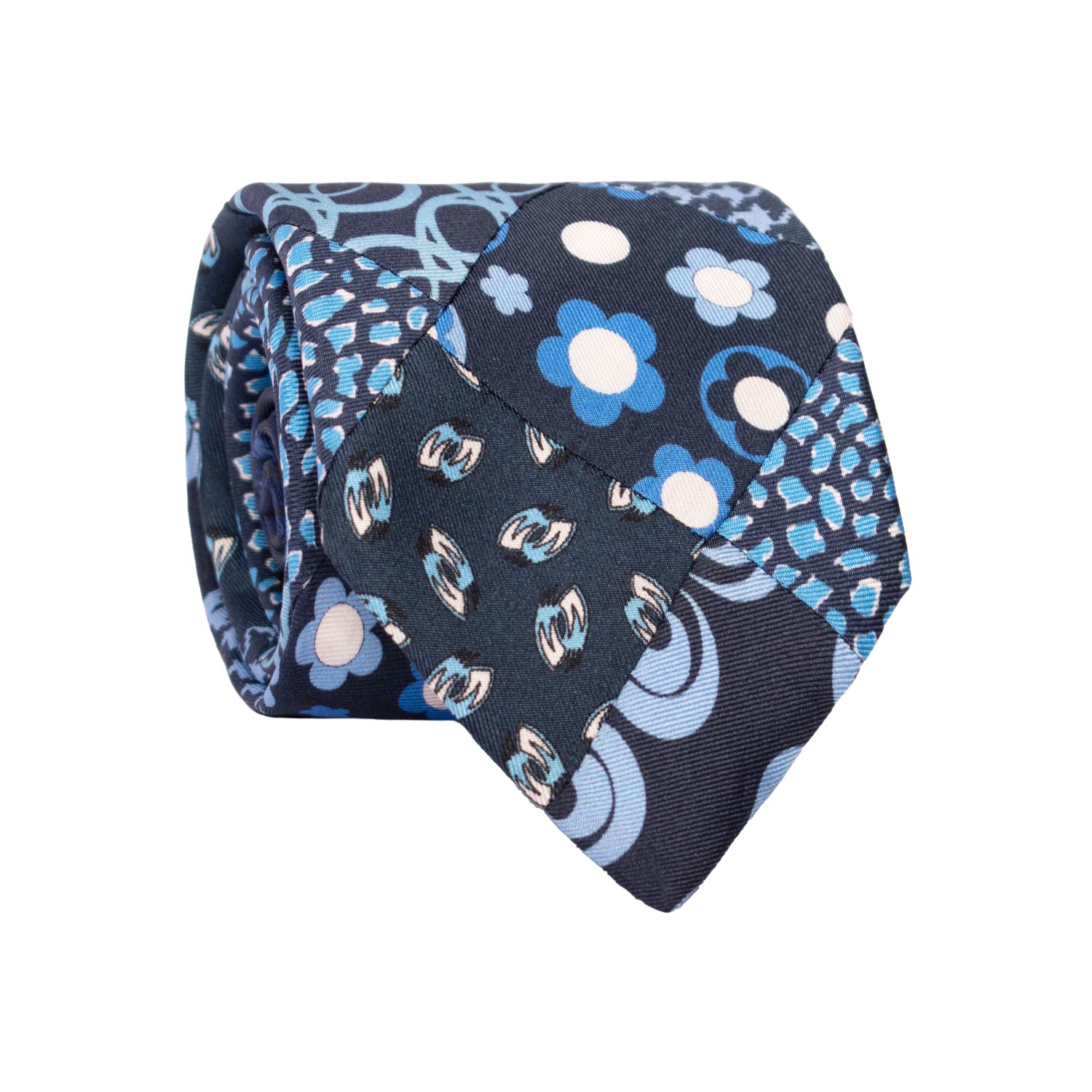 Cravatta Mosaico Vintage Patchwork Stampa di Seta Blu Fantasia Celeste Bianca PM1163 Graffeo Cravatte Made in Italy Rotolo