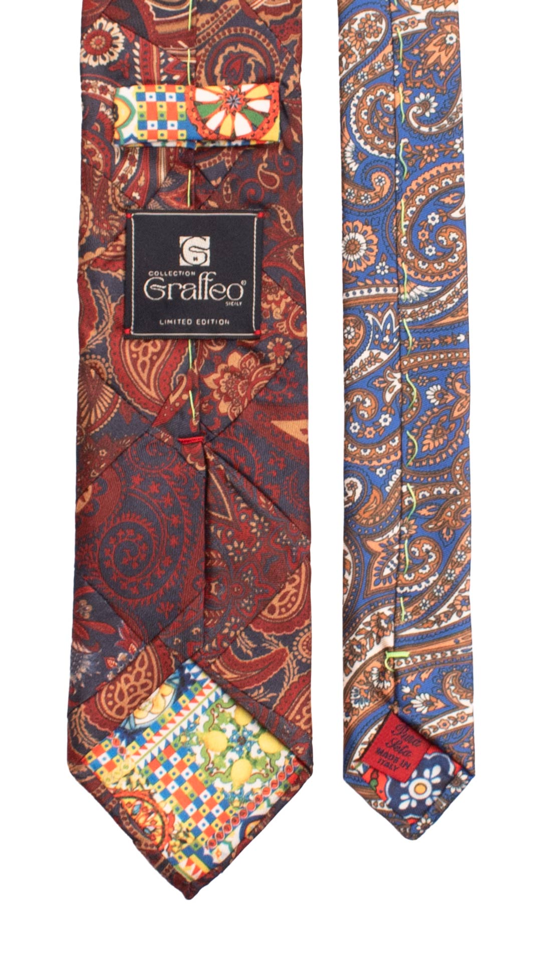 Cravatta Mosaico Vintage Patchwork Stampa di Seta Blu Paisley Marrone Bordeaux Bianca PM1171 Graffeo Cravatte Made in Italy Pala