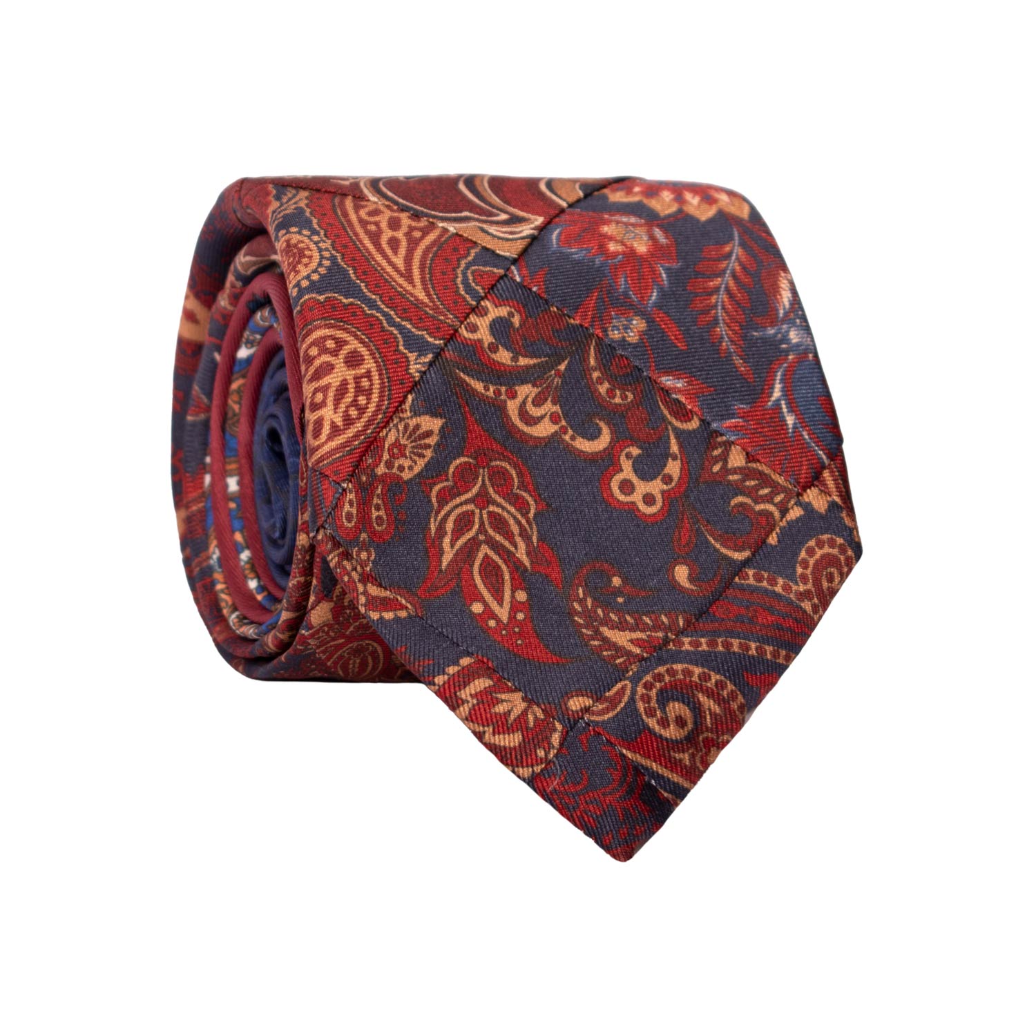 Cravatta Mosaico Vintage Patchwork Stampa di Seta Blu Paisley Marrone Bordeaux Bianca PM1171 Graffeo Cravatte Made in Italy Rotolo