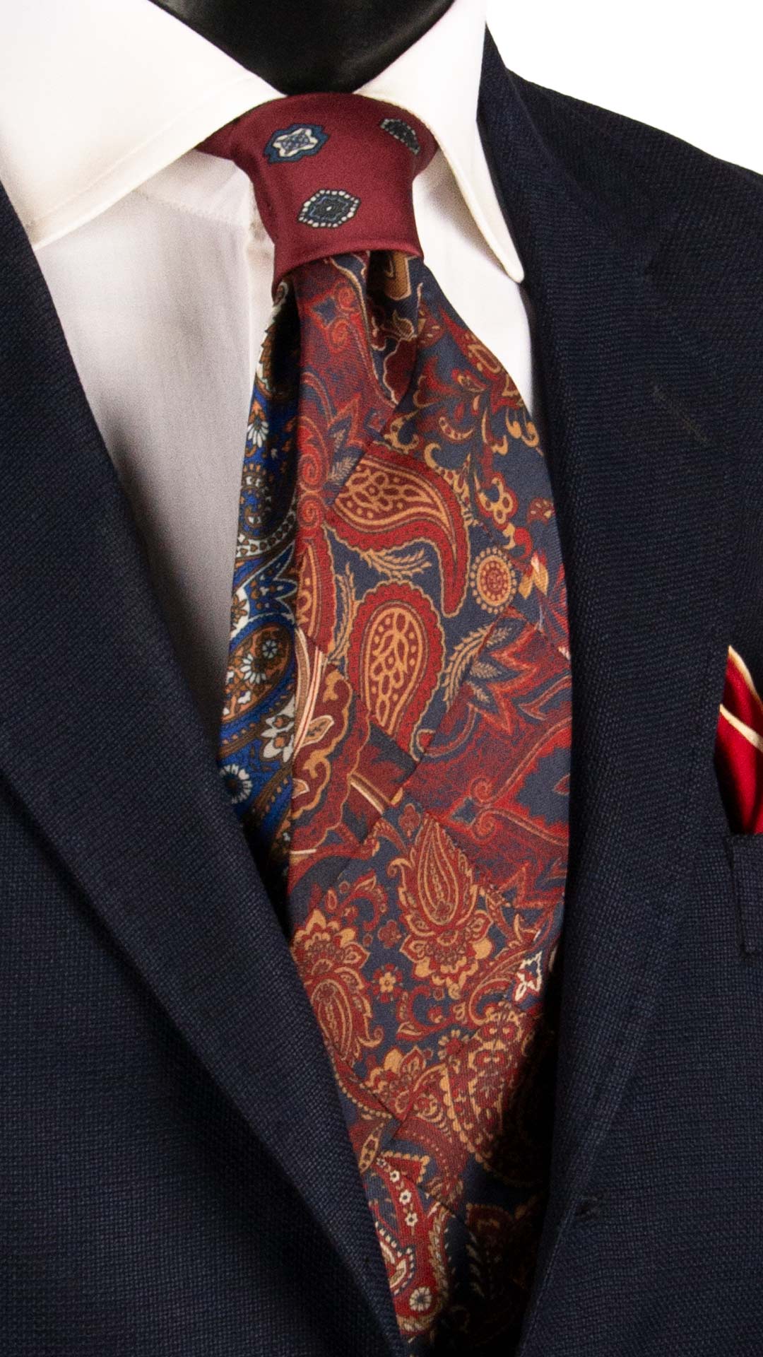 Cravatta Mosaico Vintage Patchwork Stampa di Seta Blu Paisley Marrone Bordeaux Bianca PM1171 Graffeo Cravatte Made in Italy