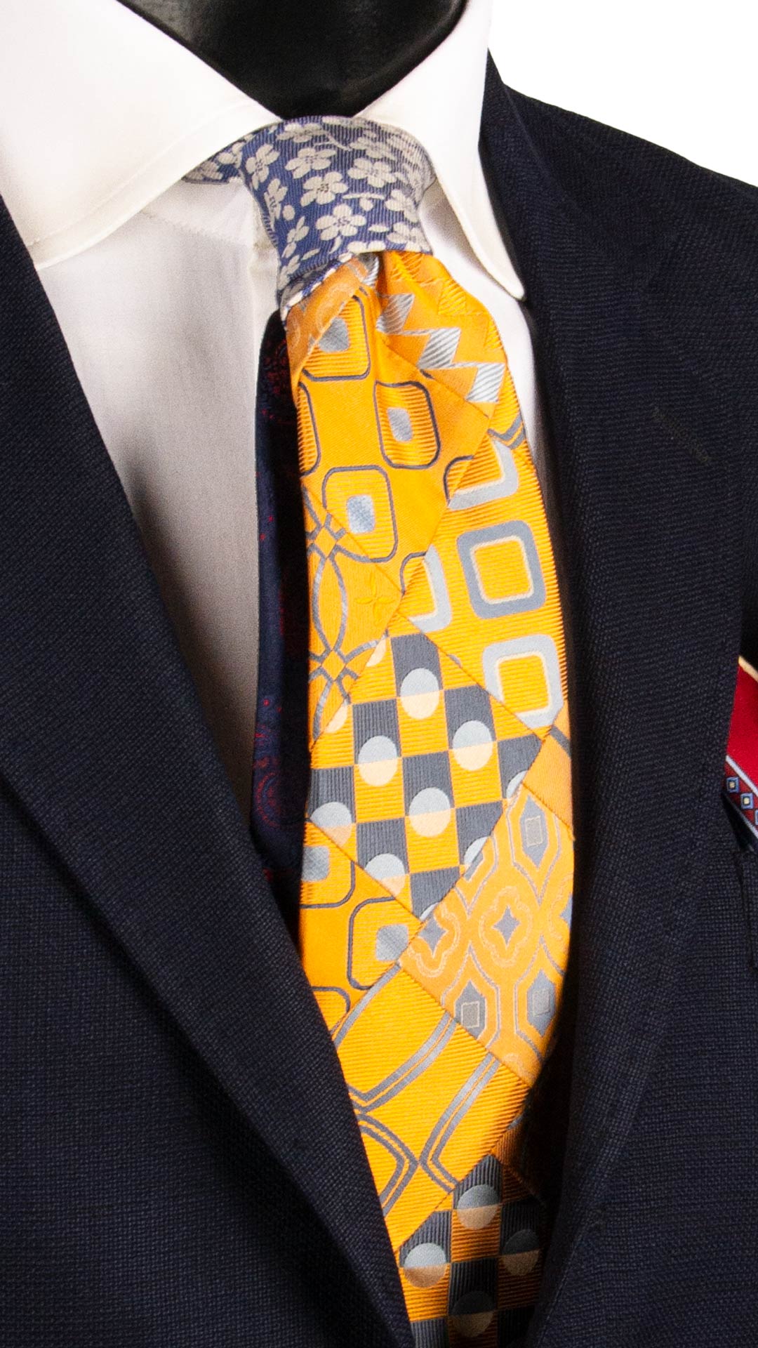 Cravatta Mosaico Vintage Patchwork di Seta Arancione Chiaro Fantasia Celeste Avio Bianca PM1177 Graffeo Cravatte Made in Italy