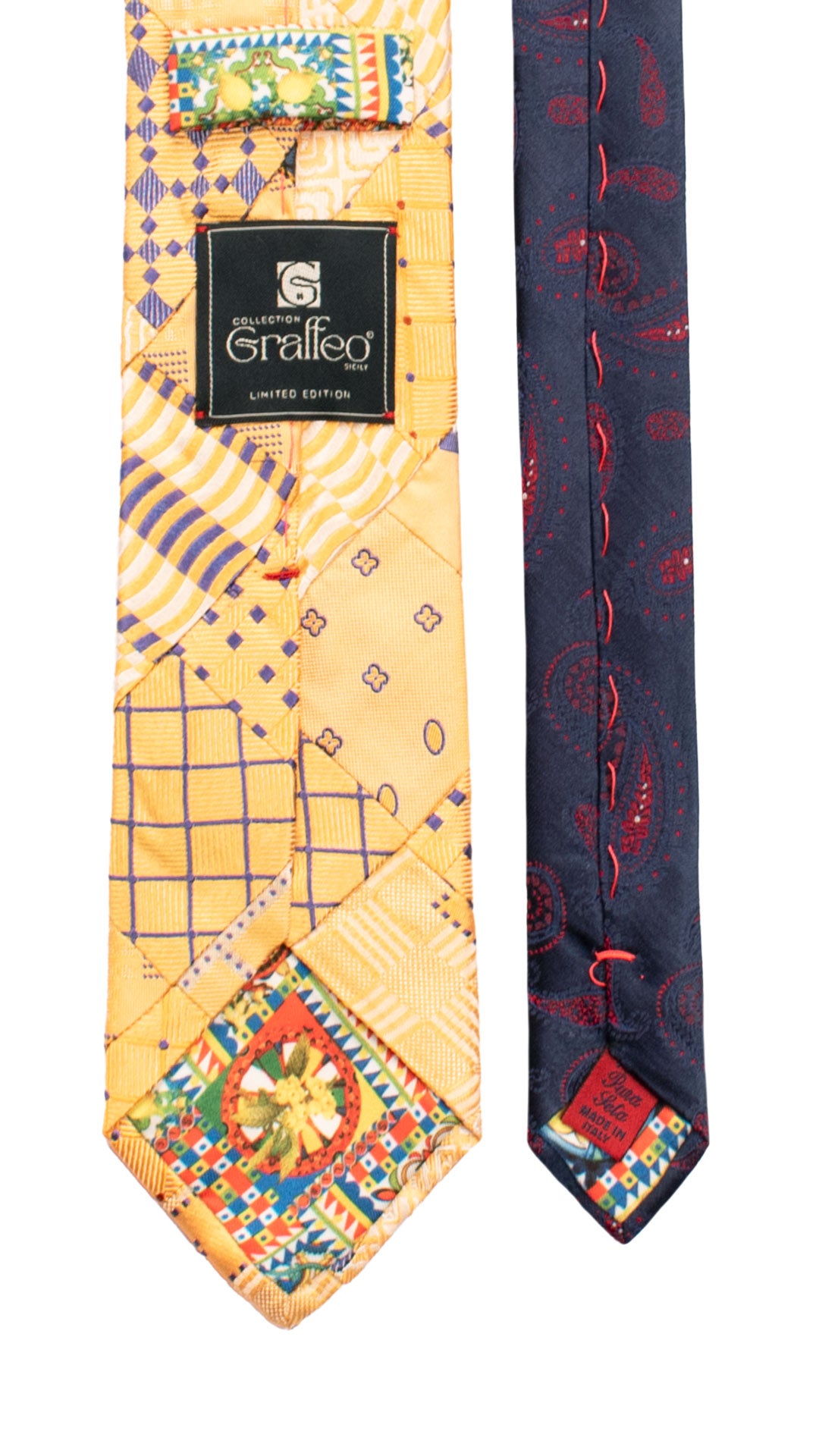 Cravatta Mosaico Vintage Patchwork di Seta Arancione Chiaro Fantasia Viola Blu PM1181 Graffeo Cravatte Made in Italy Pala