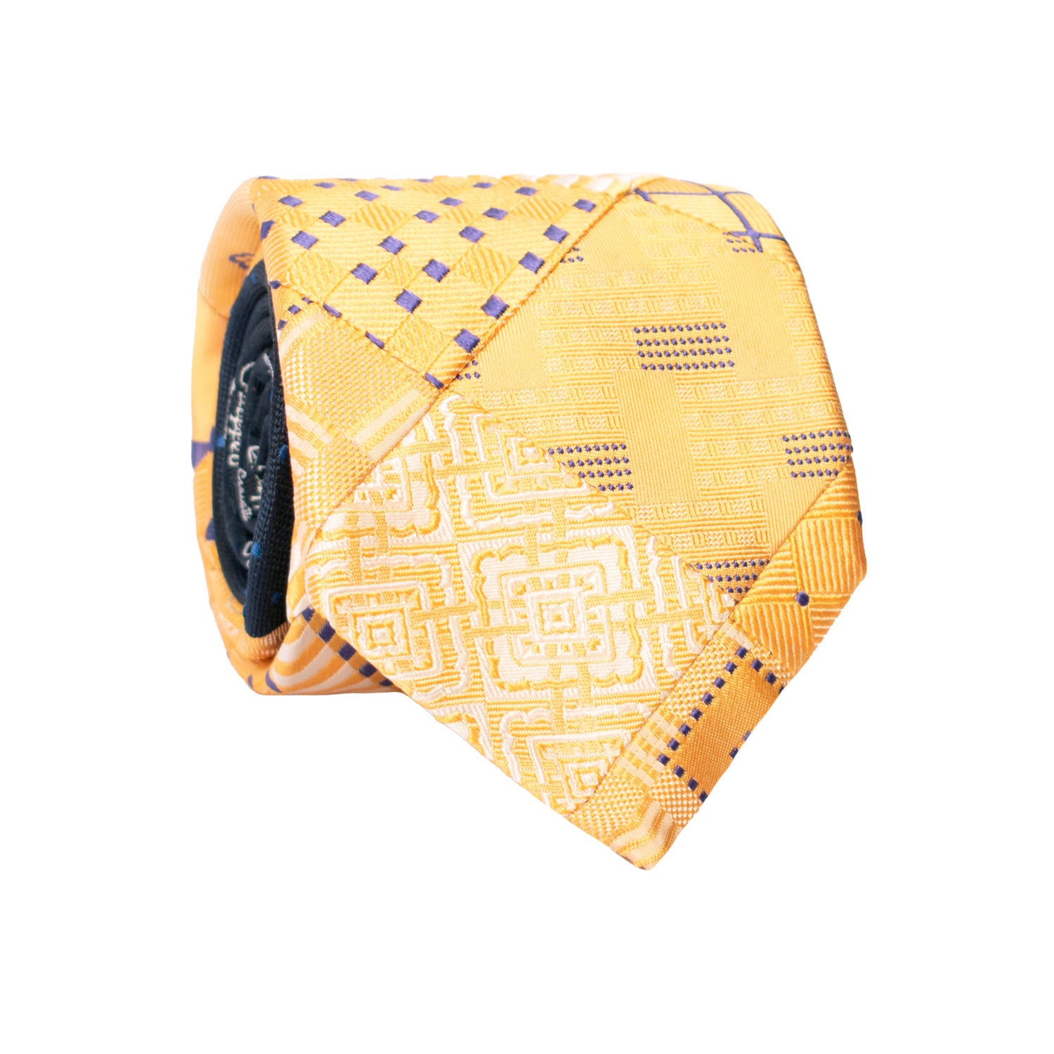 Cravatta Mosaico Vintage Patchwork di Seta Arancione Chiaro Fantasia Viola Blu PM1181 Graffeo Cravatte Made in Italy Rotolo