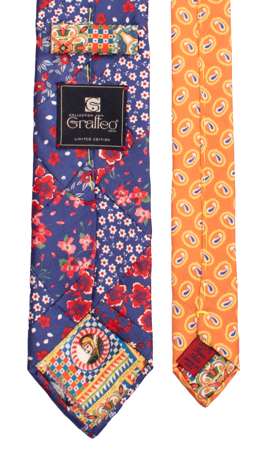 Cravatta Mosaico Vintage Patchwork di Seta Bluette a Fiori Rosso Bianco Celeste  PM1219 Made in Italy Graffeo Cravatte Pala