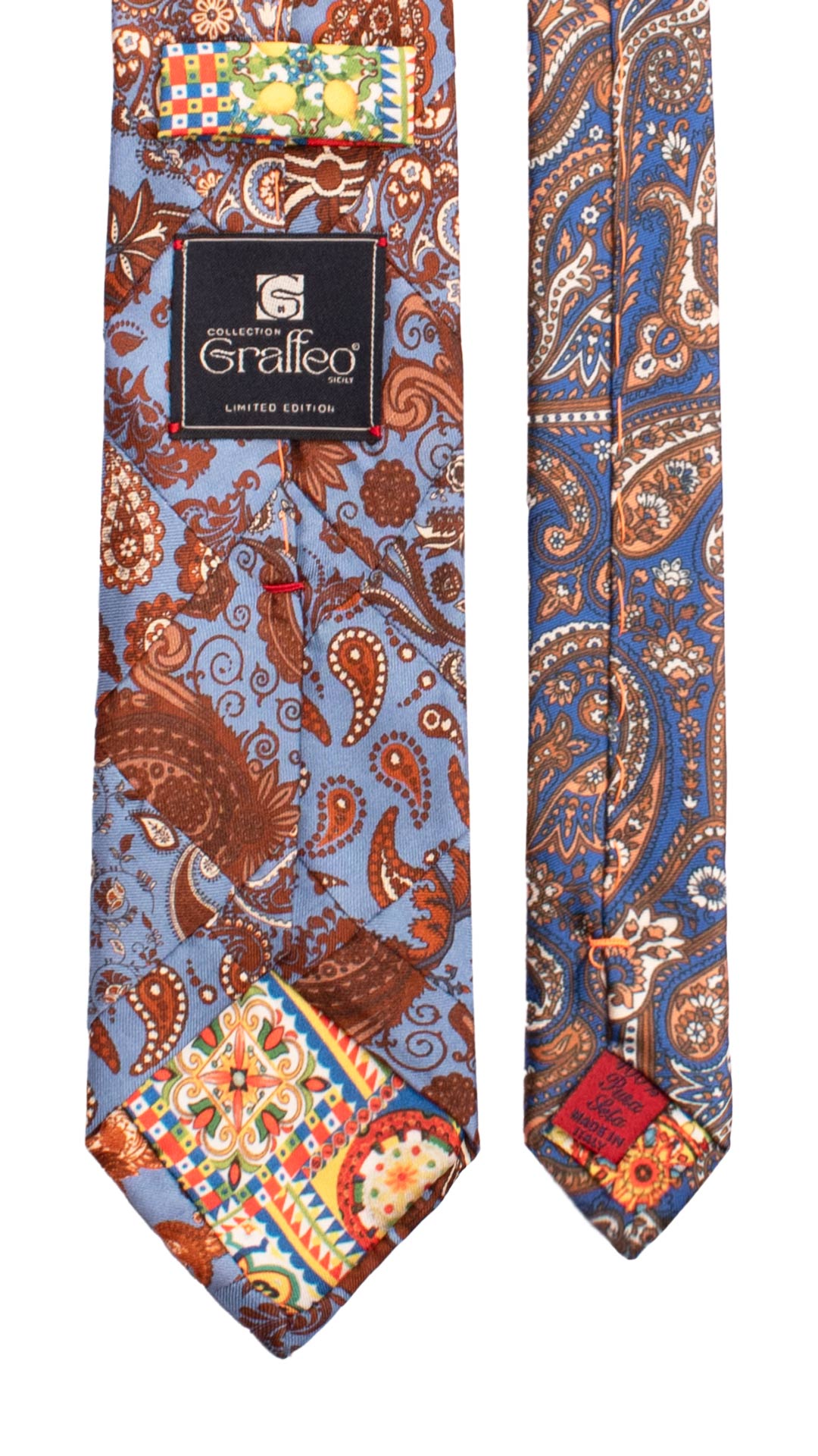 Cravatta Mosaico Vintage Patchwork di Seta Celeste Paisley Marrone Bianco PM1222 Made in Italy Graffeo Cravatte Pala