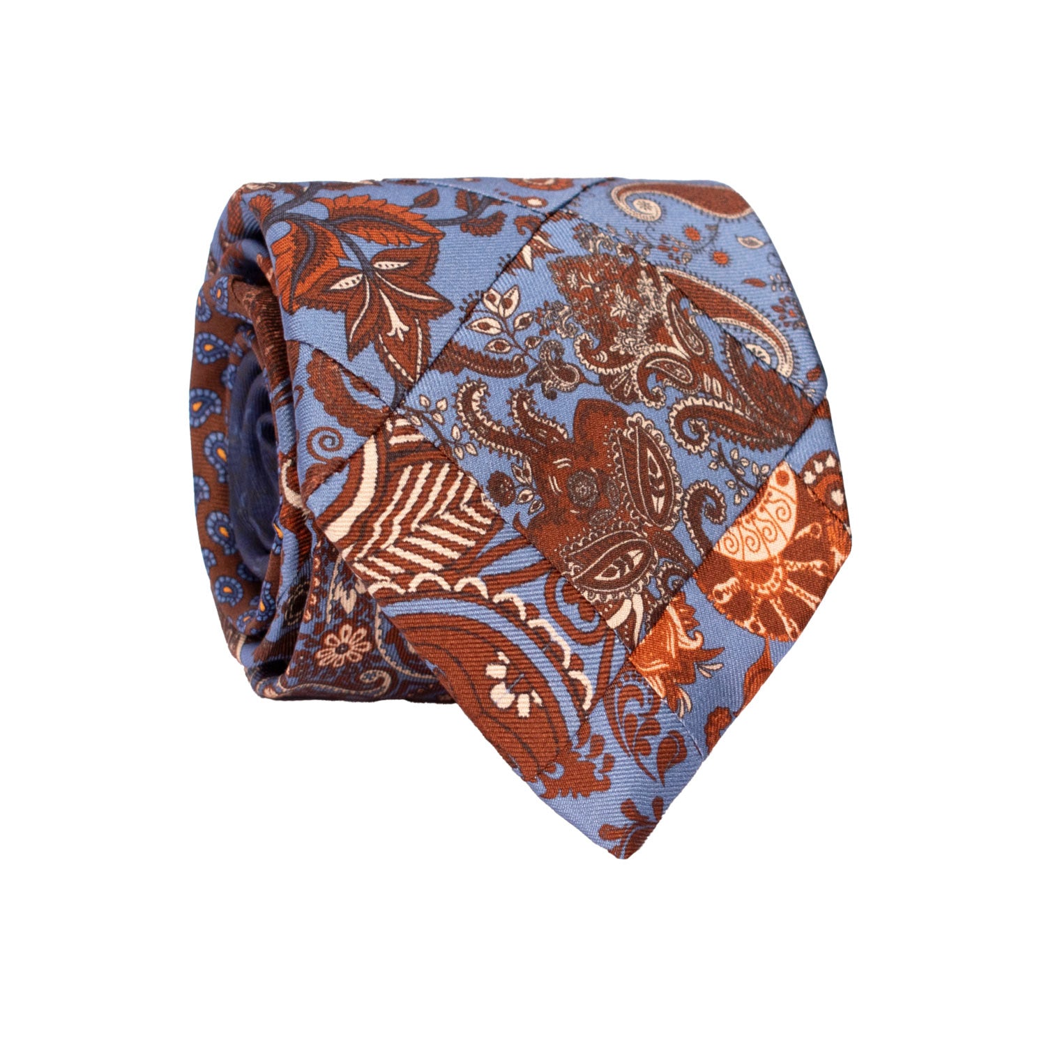 Cravatta Mosaico Vintage Patchwork di Seta Celeste Paisley Marrone Bianco PM1222 Made in Italy Graffeo Cravatte Rotolo