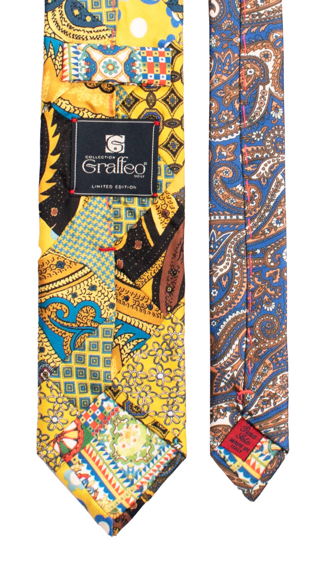 Cravatta Mosaico Vintage Patchwork di Seta Gialla Fantasia Celeste Bianco Marrone PM1231 Made in Italy Graffeo Cravatte Pala