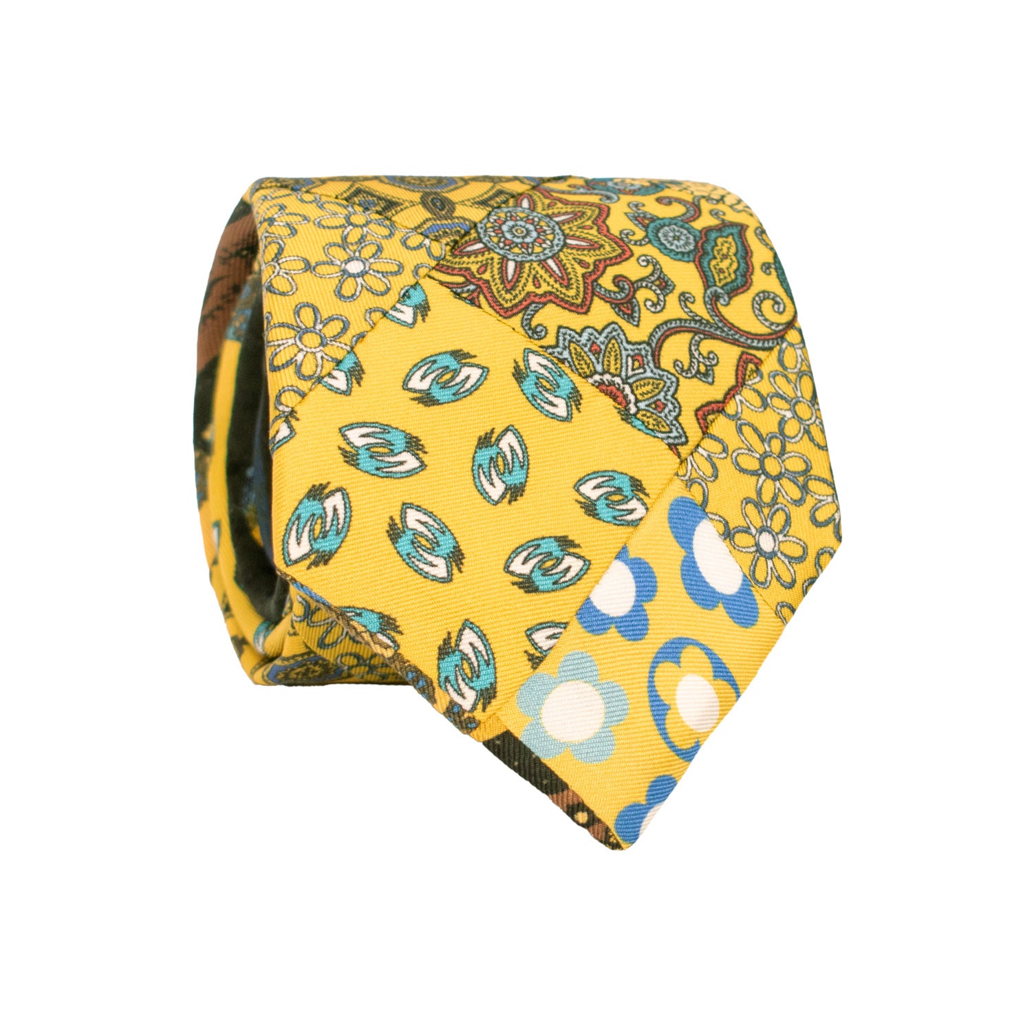 Cravatta Mosaico Vintage Patchwork di Seta Gialla Fantasia Celeste Bianco Marrone PM1231 Made in Italy Graffeo Cravatte Rotolo