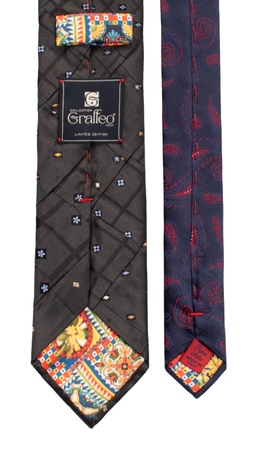 Cravatta Mosaico Vintage Patchwork di Seta Grigia Fantasia Gialla Celeste Beige PM1123 Graffeo Cravatte Made in Italy Pala